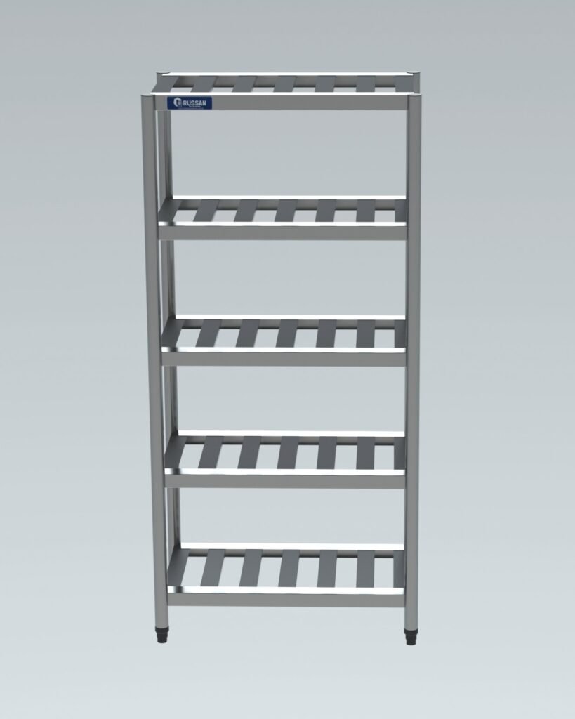 Estante alta em inox para armazenamento industrial gradeada