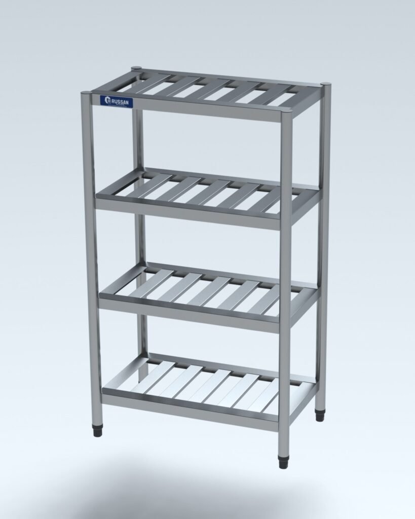 Estante gradeada com 4 prateleiras Estante reforçada gradeada em aço inox para cozinhas como lanchonetes, hospitais